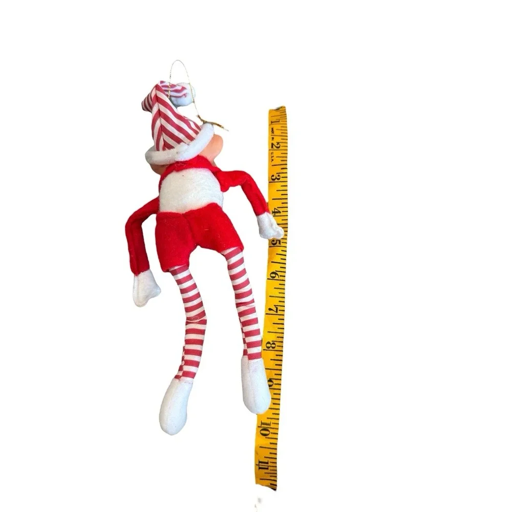 Vintage Christmas Elf Ornament Rubber Face Red White Striped 10 Inch Decor